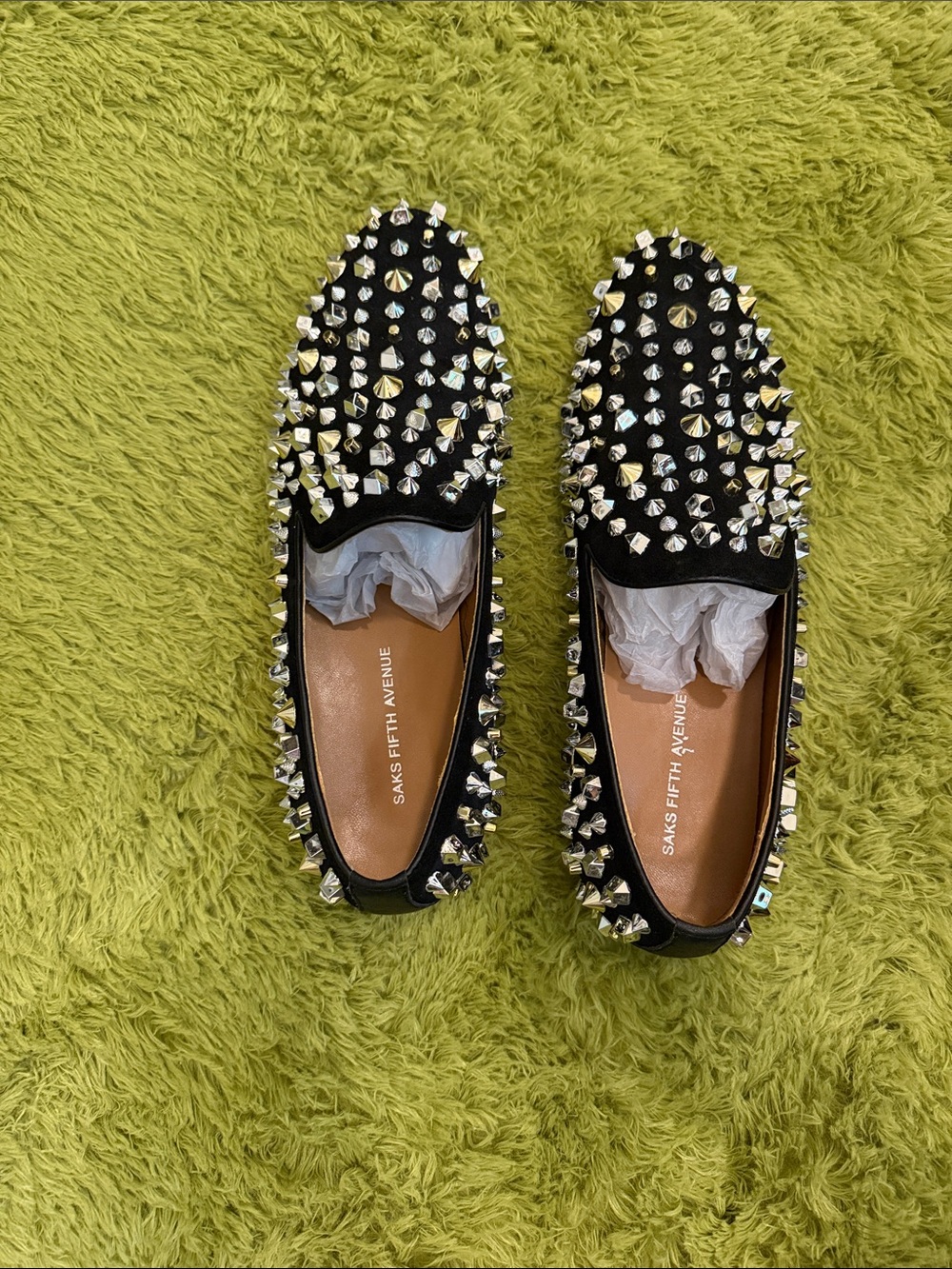 Saks Fifth Avenue Black Studded Slip-On Loafers with Silver Spikes